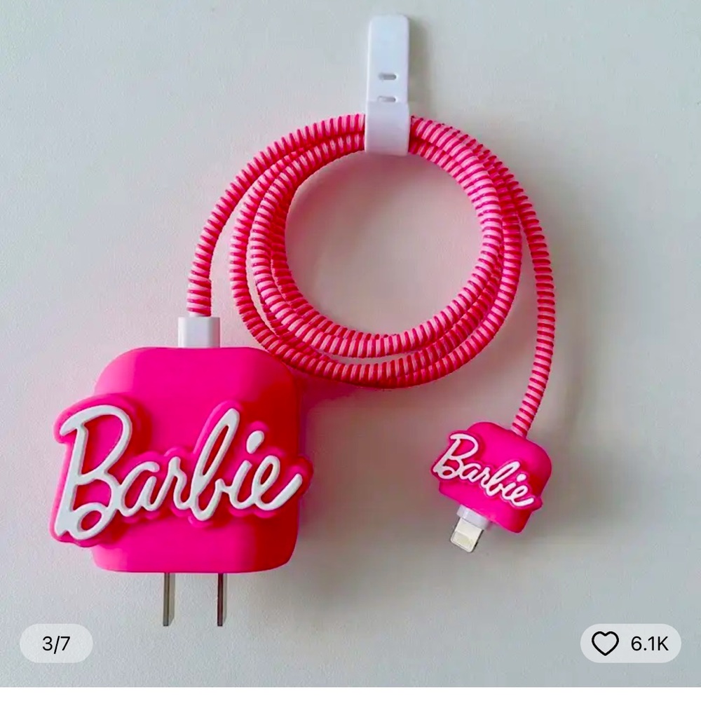 Pink Barbie cable, protective cover to go with your phone charger.